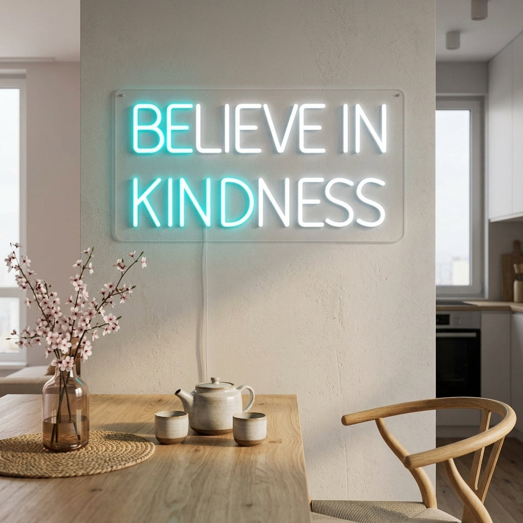 A candid lifestyle photograph of the illuminated DELIEVE IN KINDNESS neon sign glowing brightly above a cozy sofa and coffee table in a modern living room setting.