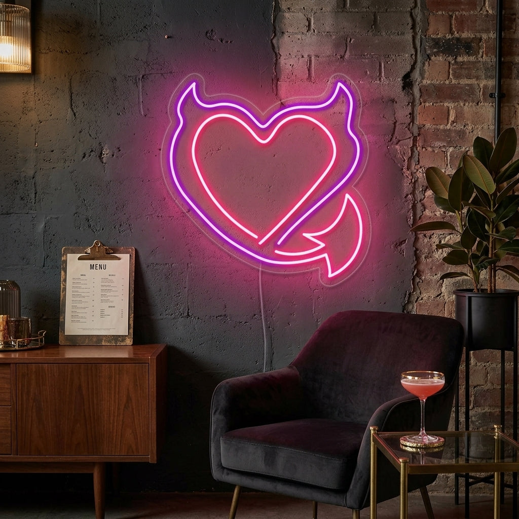 A glowing red 'Devil Heart' neon sign mounted on a dark brick wall in a bedroom setting, above a bedside table.