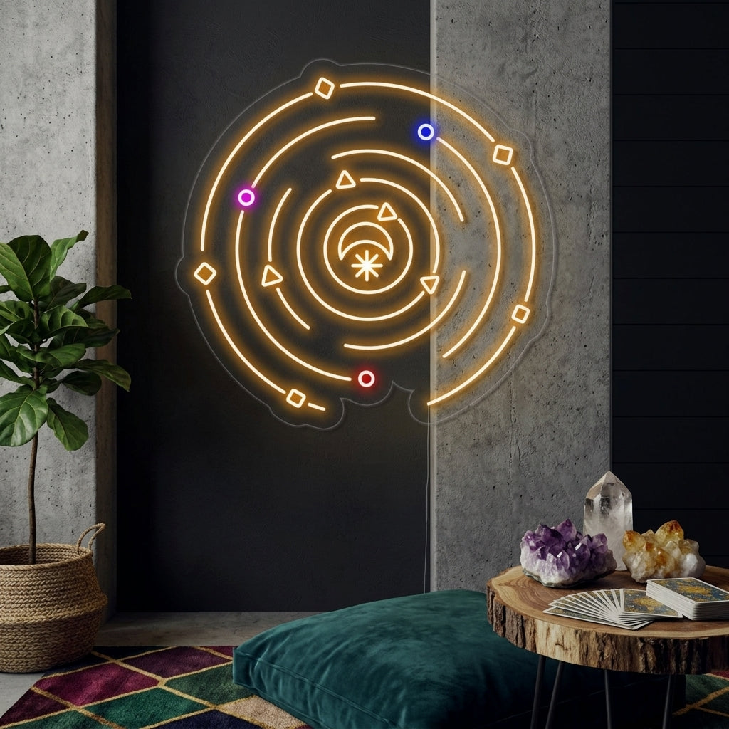 Vibrant glowing neon sign of a sun, crescent moon, and stars on a complex orbital path, mounted on a stone wall over a modern desk in a celestial-themed office