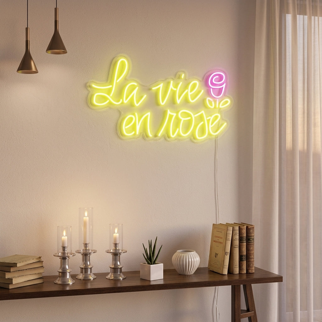 A lifestyle photo of a lit 'La vie en rose' neon sign in a stylishly decorated room, showcasing how it looks in a real home setting.