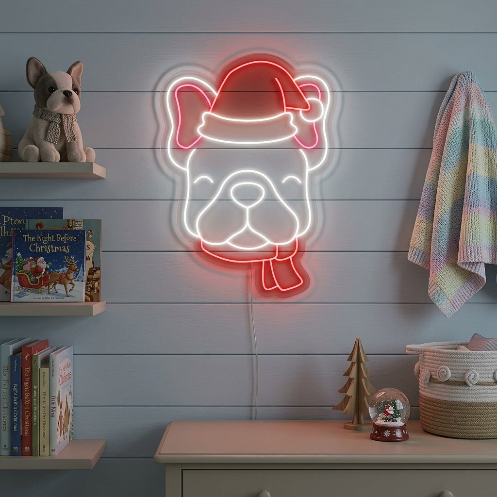 Christmas bulldog neon sign glowing above a festive fireplace mantle and a dog bed.