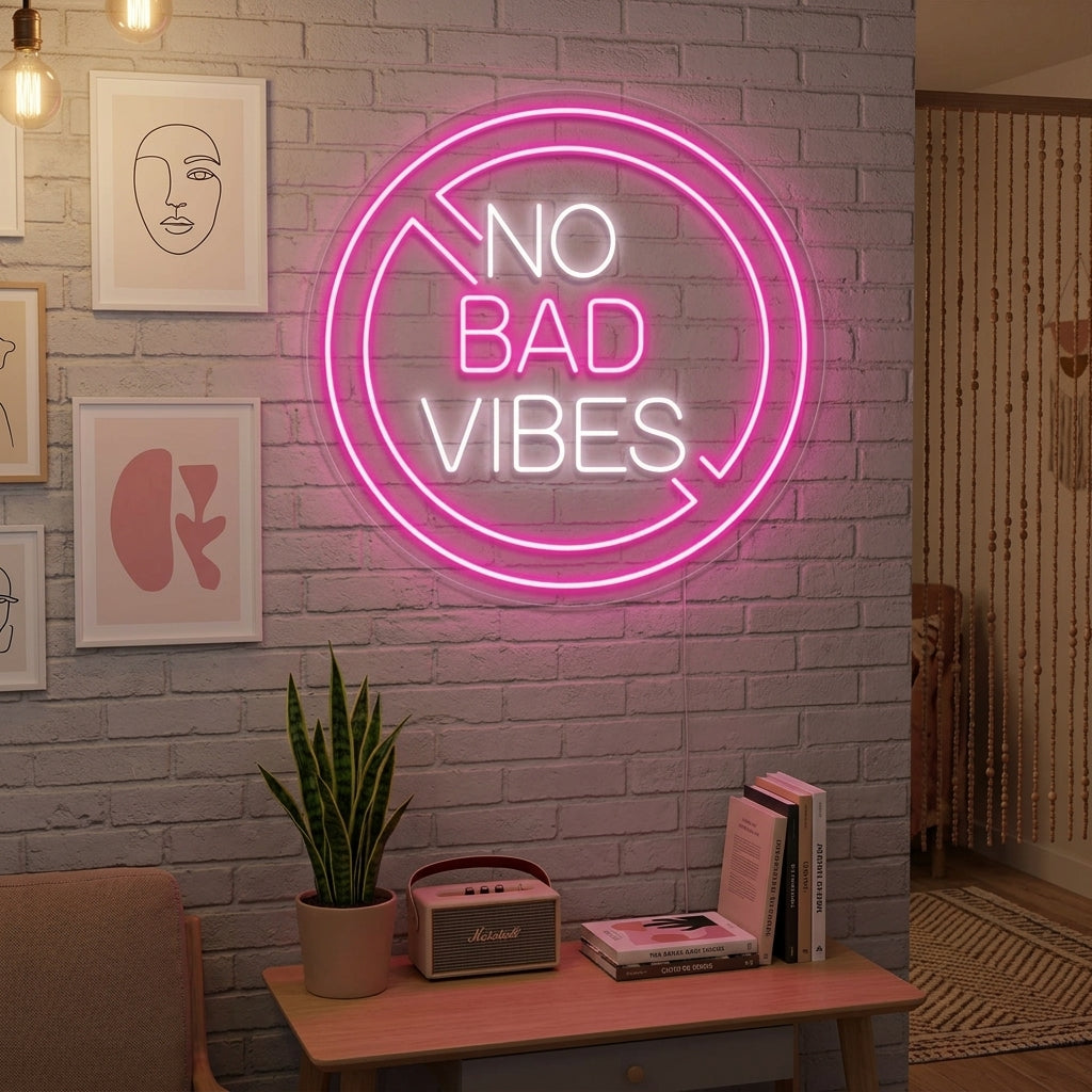 An illuminated 'No Bad Vibes' neon sign glowing in a cozy bedroom setting above a made bed and stylish decor, casting a pleasant glow on the surroundings.