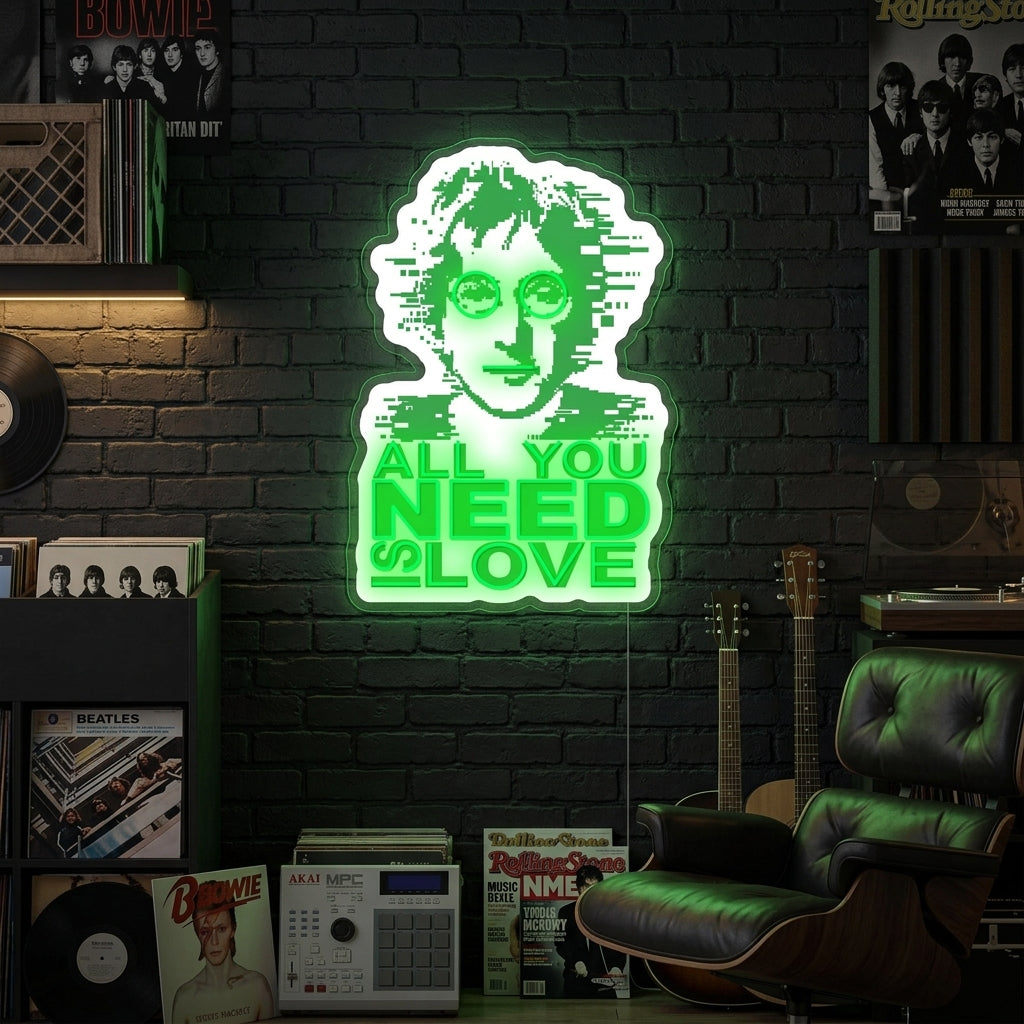 A vibrant neon sign that reads 'All You Need Is Love' glowing in warm colors, mounted above a couch in a cozy, stylish living room setting.