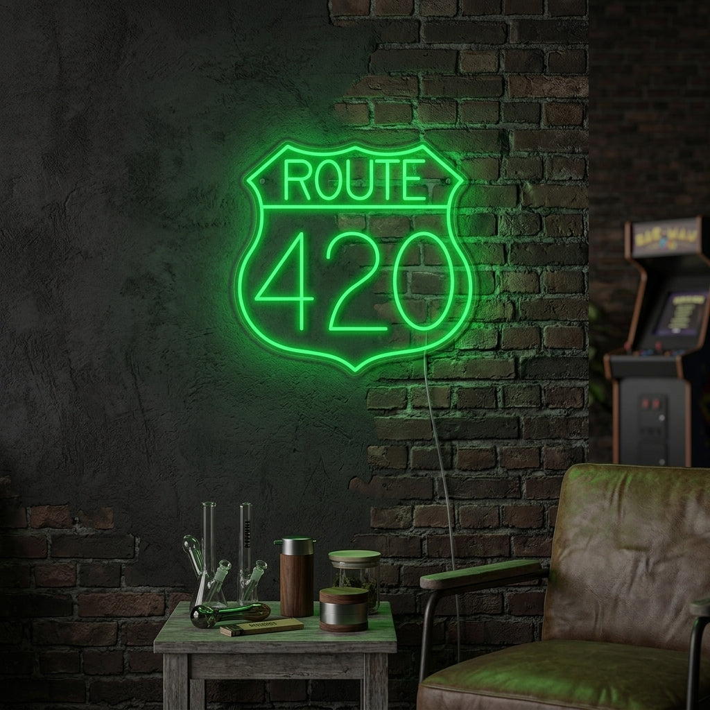 A glowing 'Route 420 US Highway' neon sign in green and yellow, designed like a shield-shaped American highway marker, is mounted on a textured brick wall in a dimly lit, cozy room. The sign illuminates the surroundings, highlighting a vintage armchair, a wooden side table, and old posters nearby.