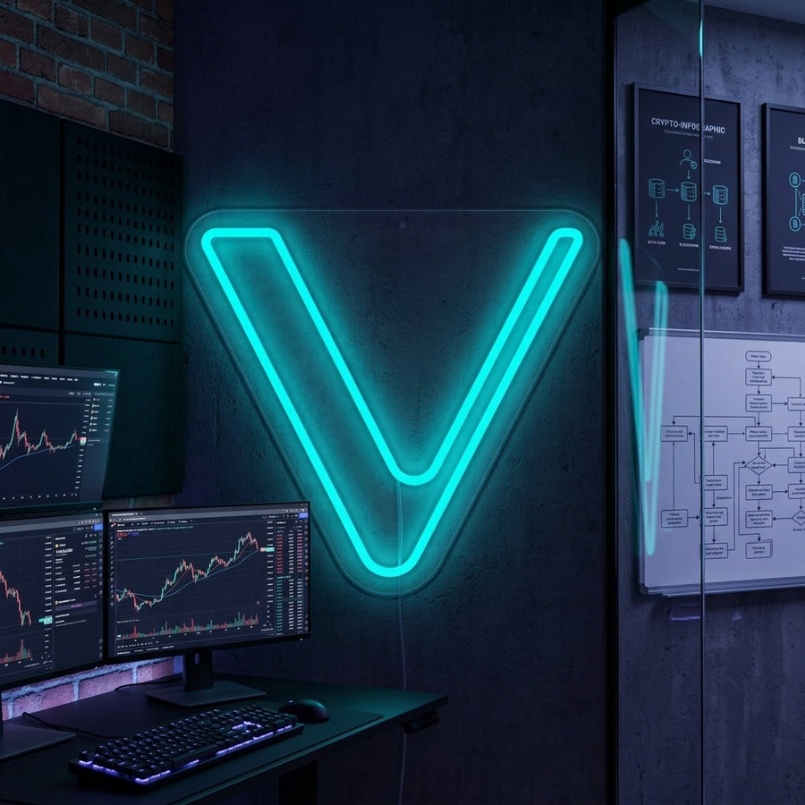 Vechain VET neon sign glowing brightly as crypto wall decor.