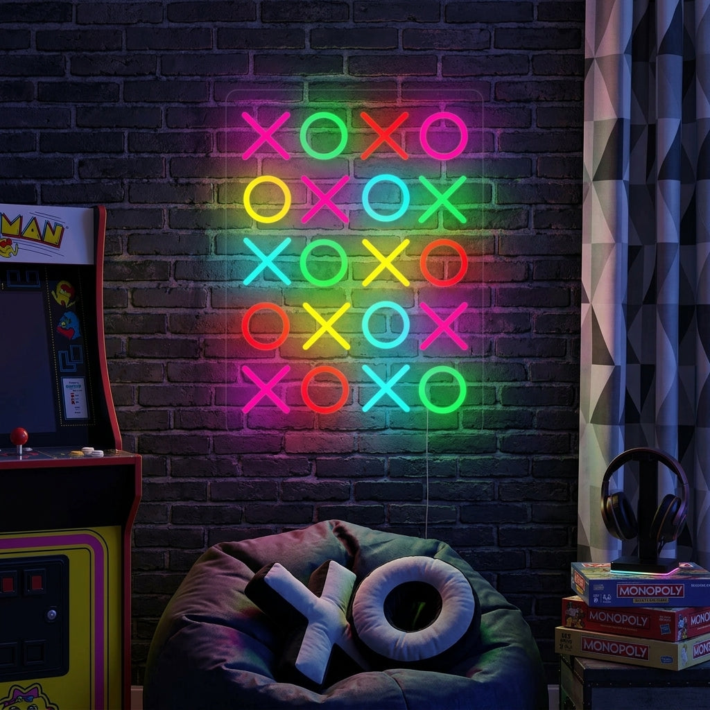 Warm glow from 'Love You Lots XOXO' neon sign illuminating a cozy living room, mounted above a small sofa with textured pillows and house plants.