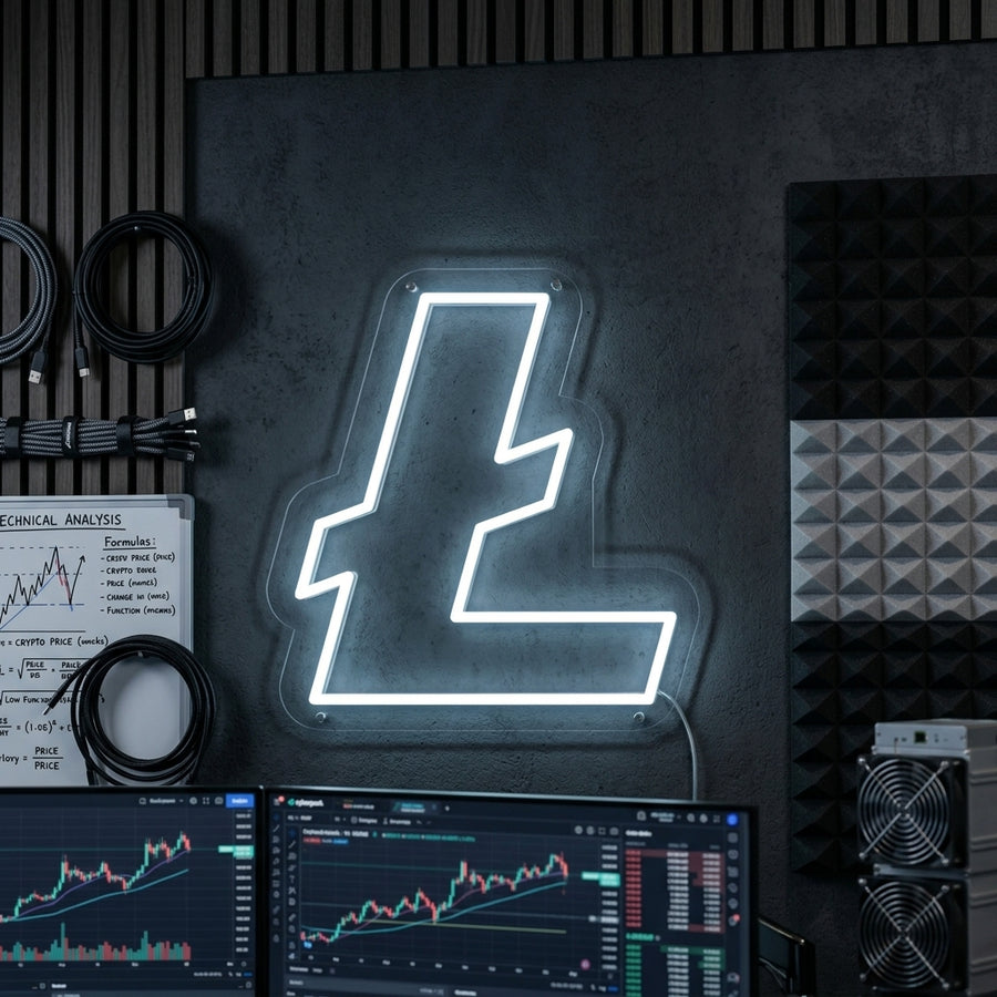 A wall-mounted Litecoin LTC neon sign glowing brightly above a cozy living room desk with a laptop and various crypto-themed accessories.