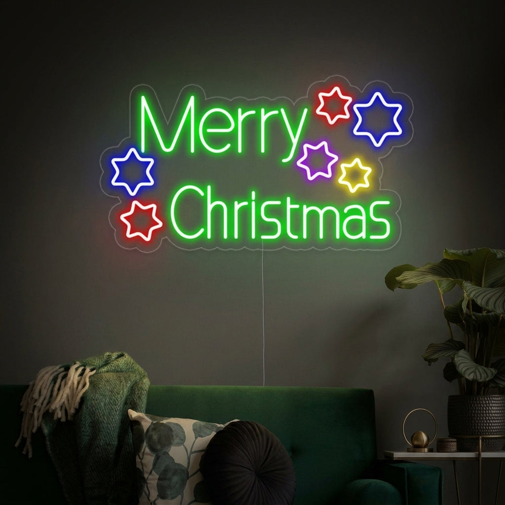 A glowing 'Merry Christmas Stars' neon sign displayed as festive wall decor in a beautifully decorated cozy living room.