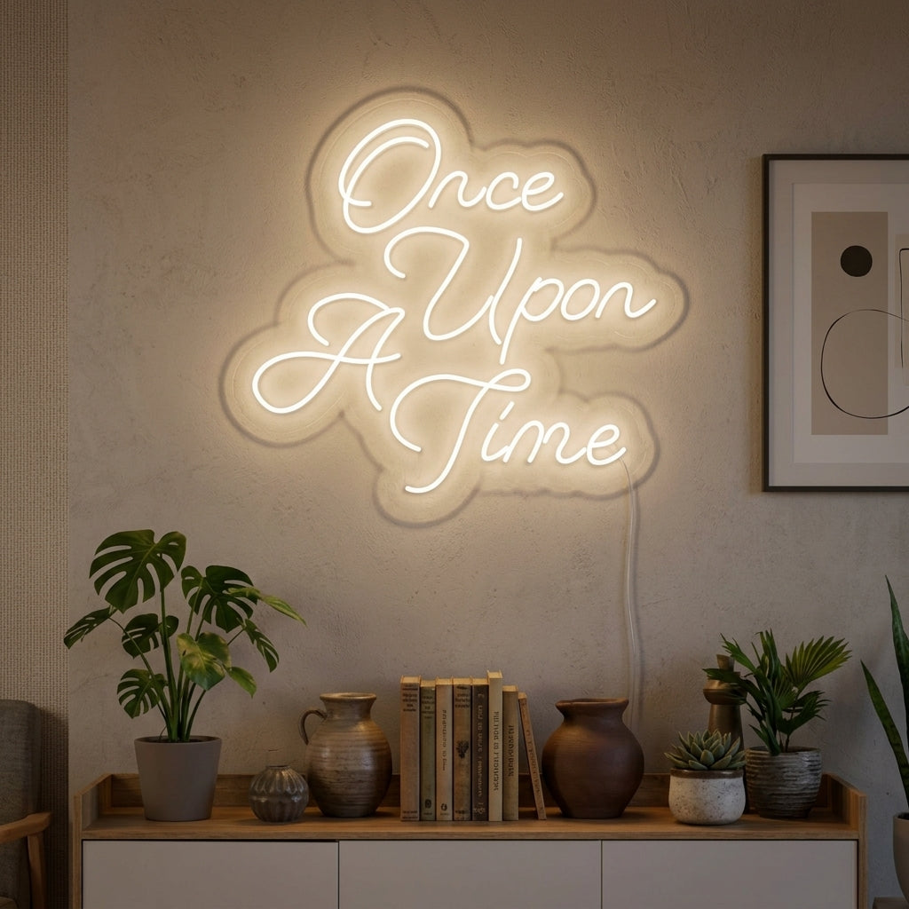 Once Upon A Time neon sign illuminating a cozy living room wall above a sofa