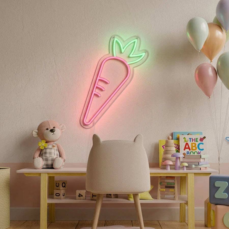 Vibrant orange and green carrot neon sign illuminated on a textured wall above a child's desk, showcasing a cheerful glow for a kids' room setting.