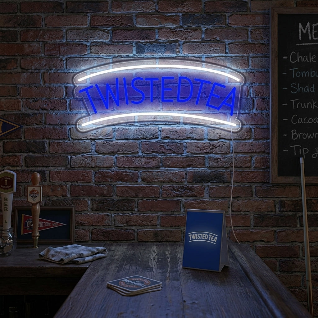 A "Twisted Tea" neon sign featuring the blue and yellow logo script glows brightly on a brick wall above a bar counter.