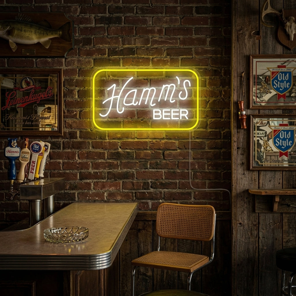 Vibrant Hamm's Beer neon sign lit up and hanging on a rustic brick wall in a cozy home bar setting.