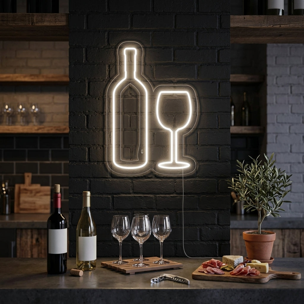 A glowing neon sign depicting a bottle pouring wine into a glass, mounted on a wall in a home bar setting.
