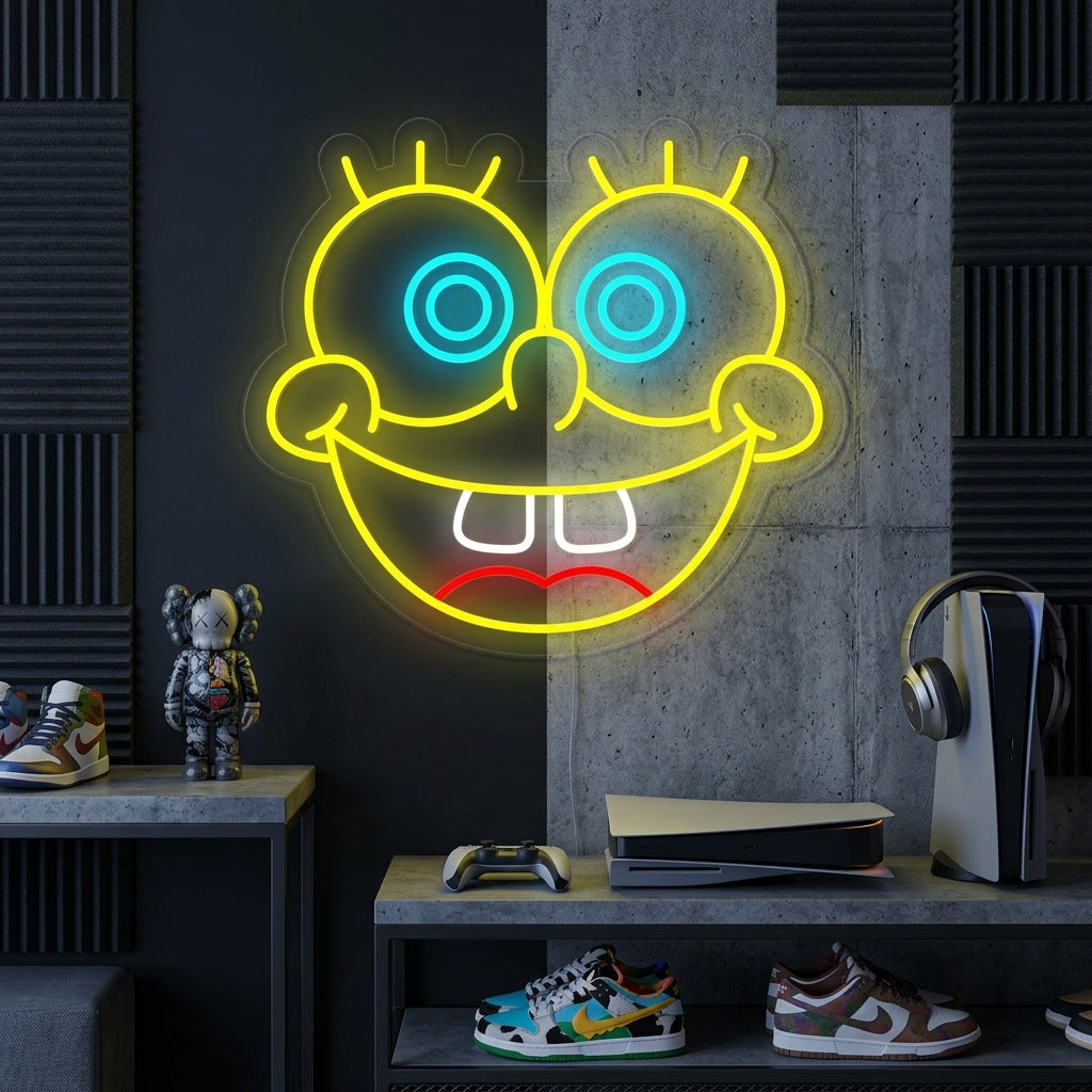 A colorful neon sign depicting a cartoon character figure on a painted brick wall in a cozy room.