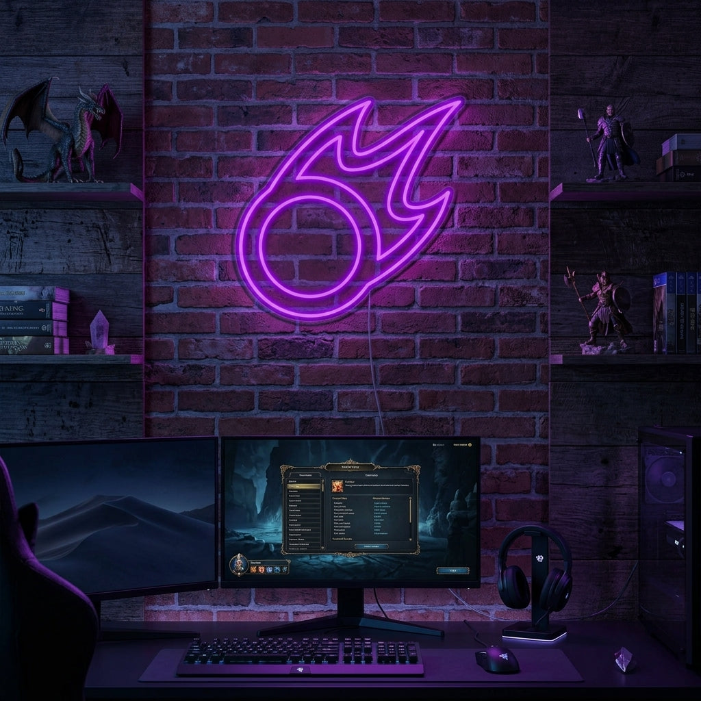 A glowing 'FF XIV' neon sign mounted on a dark wall, illuminating a cozy game room setup.