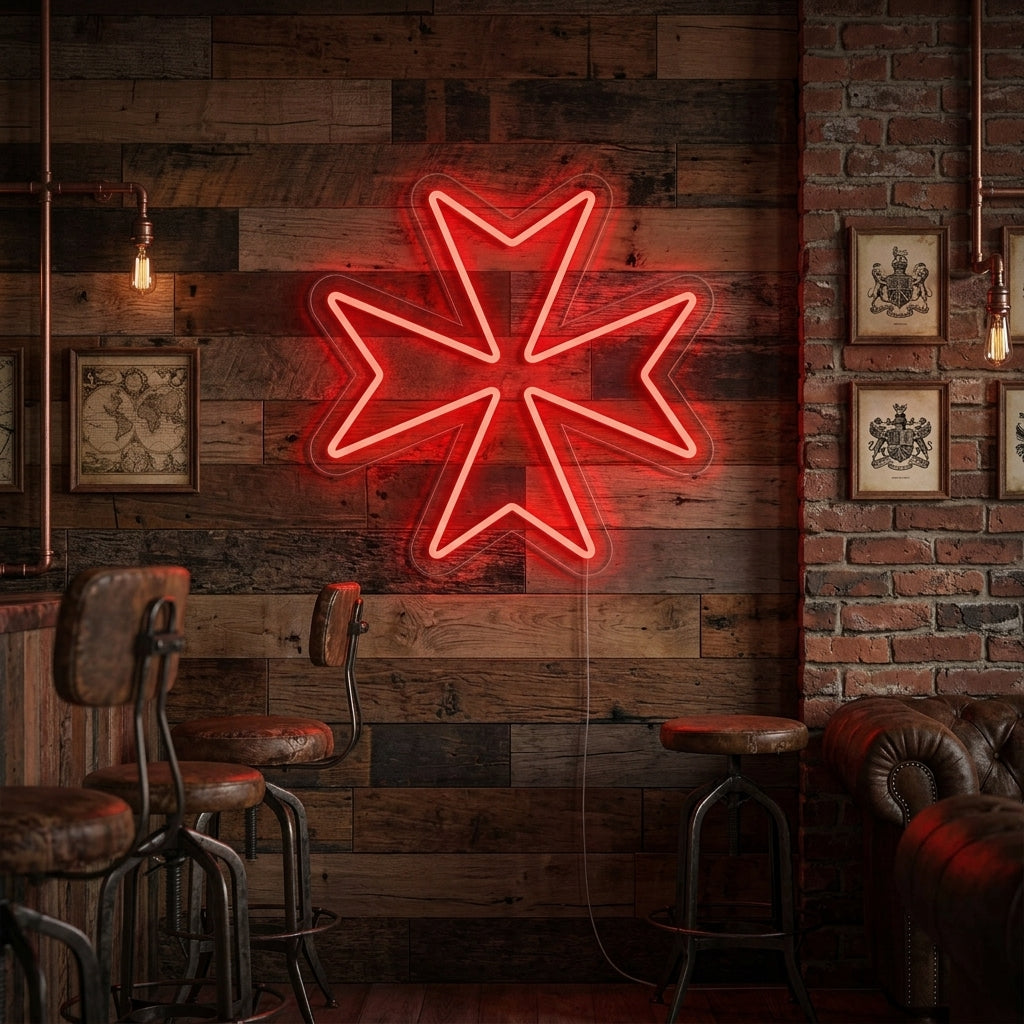 A glowing blue Maltese Cross neon sign mounted on a textured brick wall above a shelf with books in a warm, inviting living space.