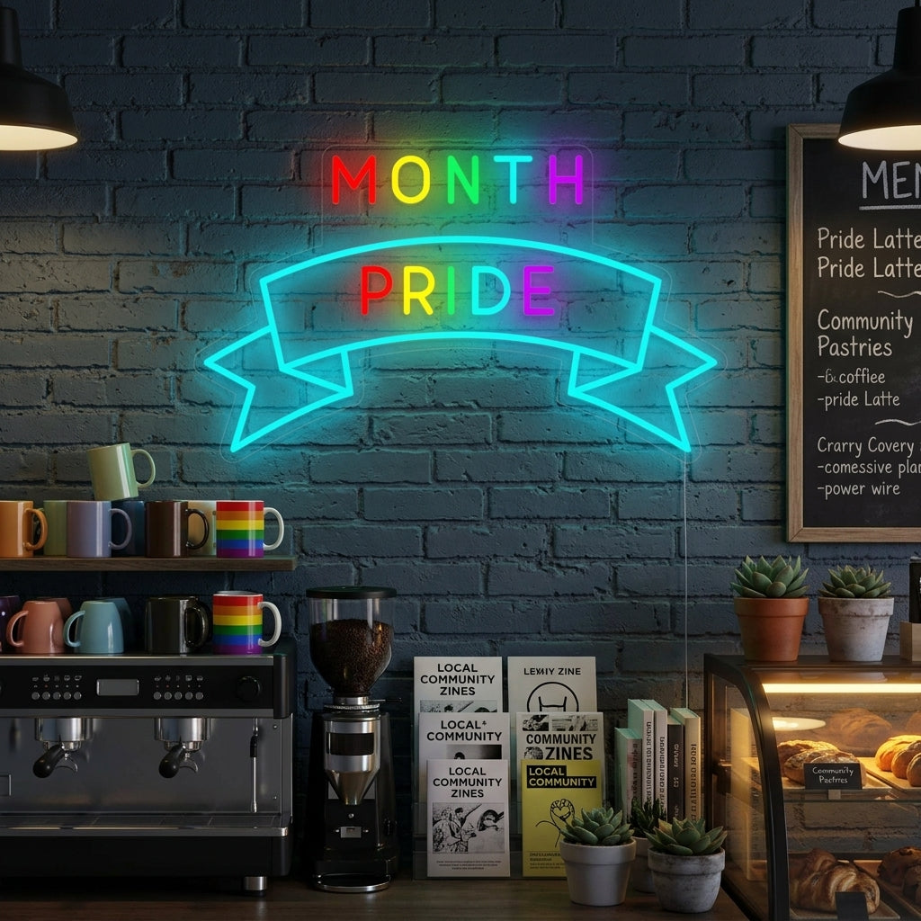 A vibrant 'LGBT Month Pride' neon sign featuring a fist holding a heart glowing with rainbow colors, mounted on a rustic wooden wall above a cozy seating area.
