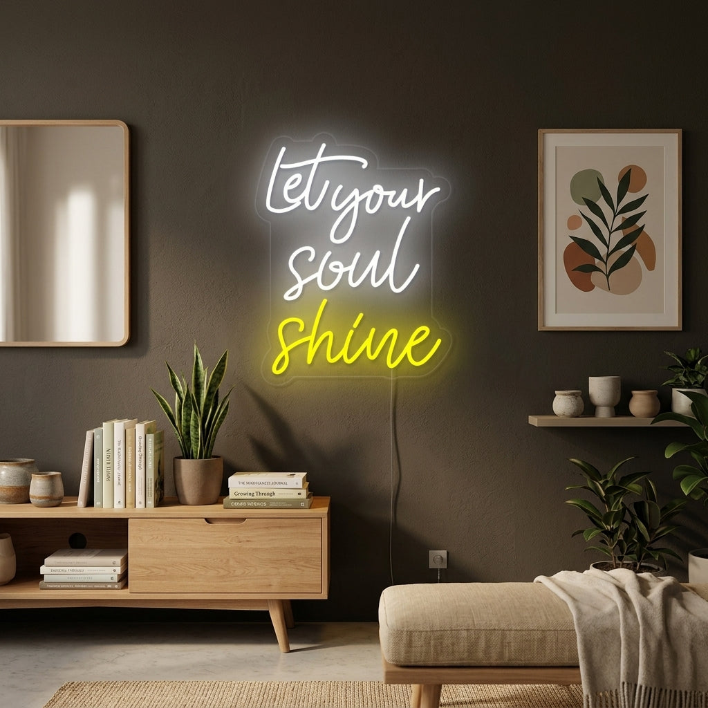 A cozy living room wall featuring the glowing 'Let Your Soul Shine' neon sign above a sofa and plants.