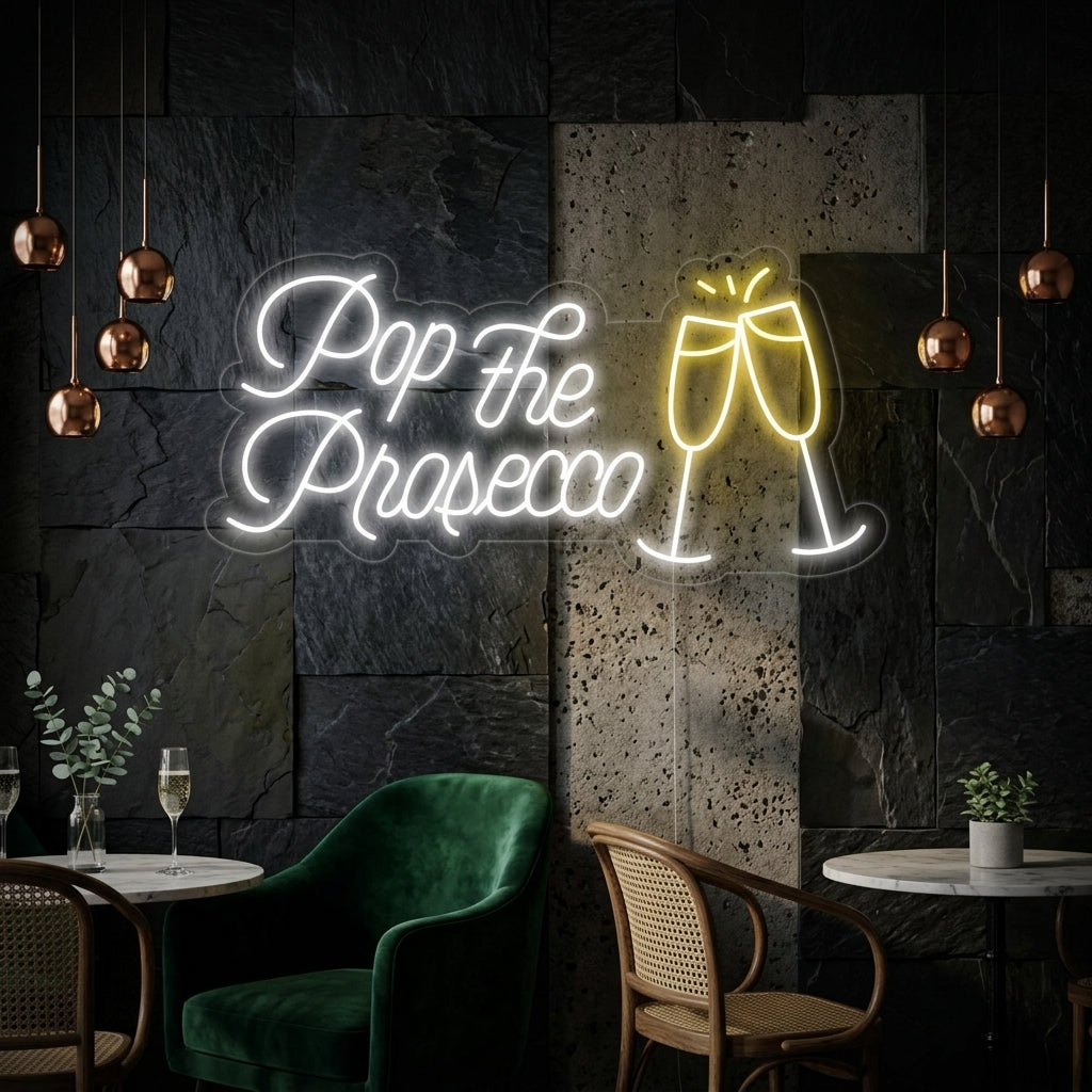 A glowing 'Pop the Prosecco Cheers' neon sign mounted on a textured dark wall in a stylish home bar setting.