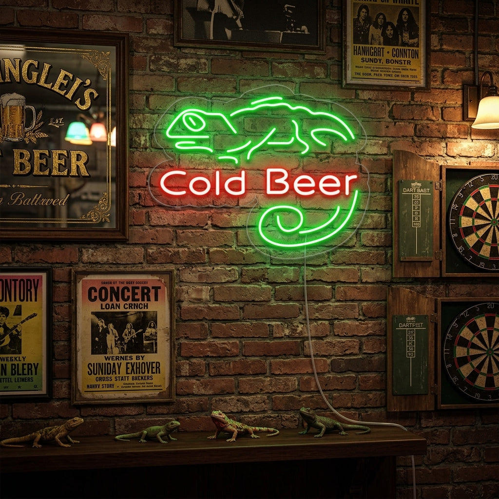 A glowing blue 'COLD BEER' neon sign with an orange lizard holding a bottle, mounted on a brick wall in a bar setting.