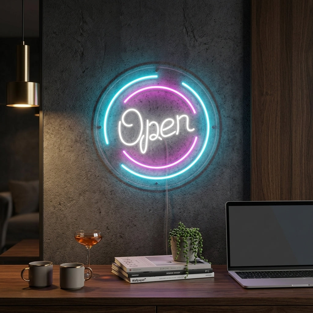 Vibrant orange circular neon sign glowing 'OPEN' in a cozy cafe window during the daytime.