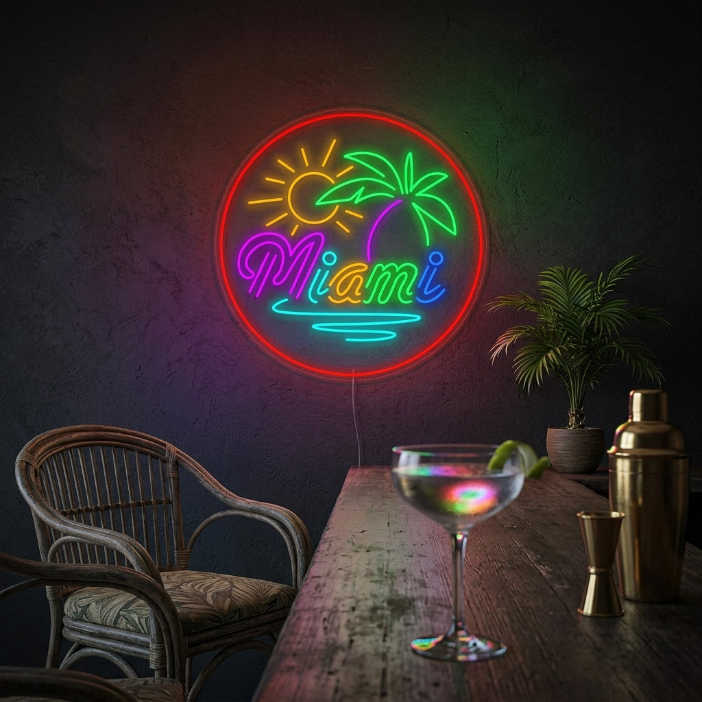 The glowing orange and blue 'Miami Beach Bar' neon sign, featuring a flamingo and palm tree, mounted above a wooden shelf styled with rum bottles and pineapples in a tropical setting.