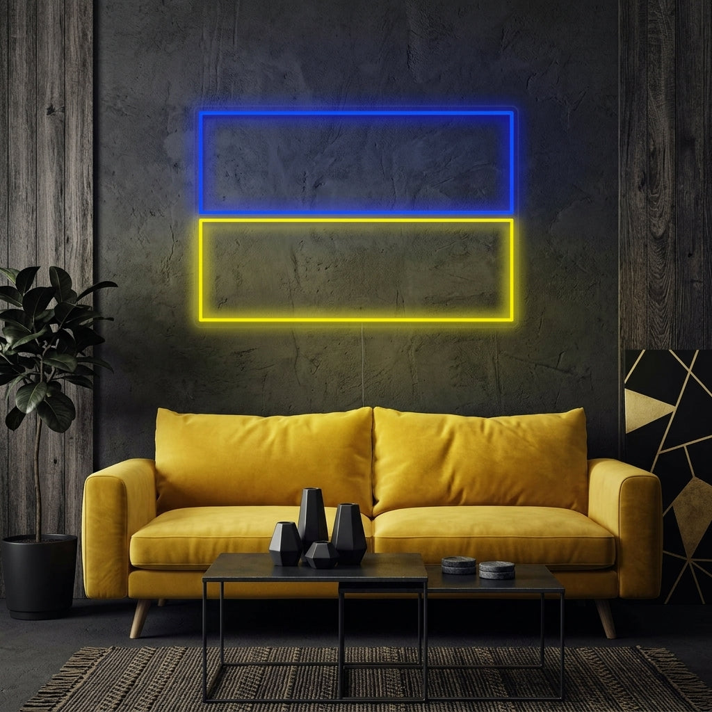 Vibrant blue and yellow Flag of Ukraine neon sign mounted on a textured brick wall in a cozy room setting.