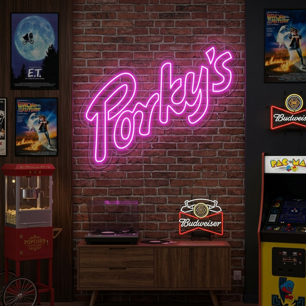 A cartoon porky pig neon sign mounted on a brick wall with other eclectic decor.