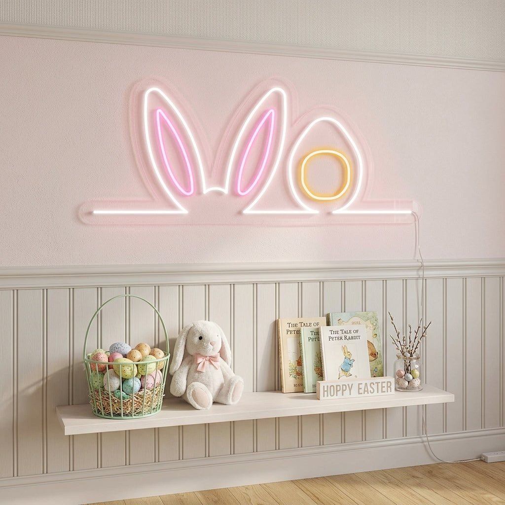 A charming, glowing 'Easter Bunny Ears' neon sign mounted on a textured brick wall in a cozy living room, surrounded by Easter decorations.