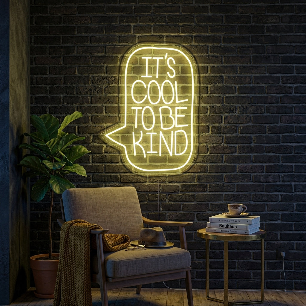 A cozy living room wall decorated with the glowing Its Cool To Be Kind neon sign