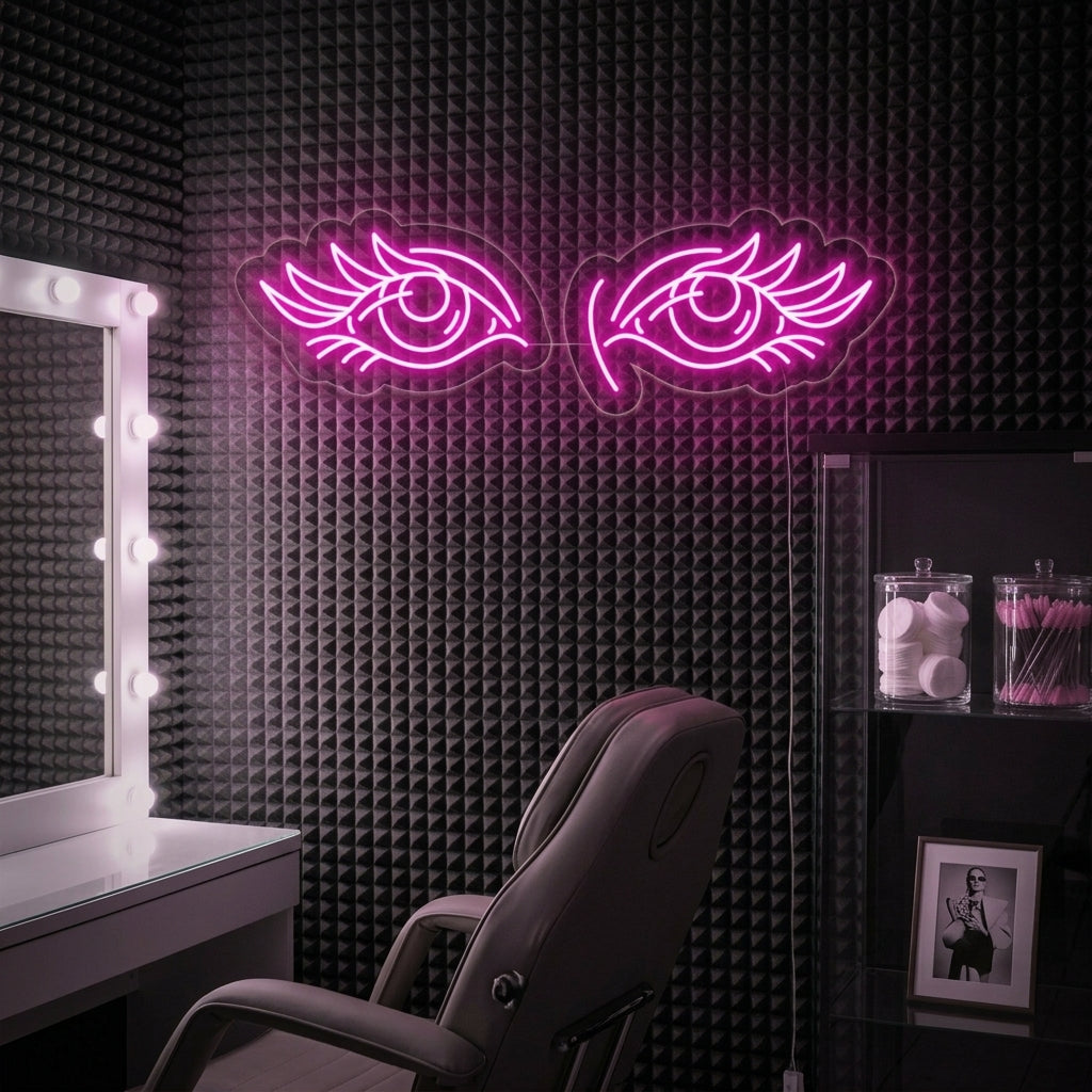 Chic and stylish 'Eyes Lashes' neon sign glowing softly, mounted on a stone textured wall in a modern beauty studio or salon. The warm glow illuminates surrounding beauty products, plants, and a comfortable armchair, creating a trendy aesthetic.