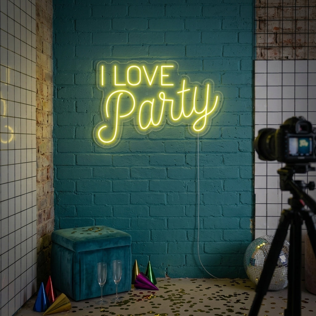 A vibrant 'I Love Party' neon sign mounted above a decorative swing adorned with flowers, casting a warm glow in a stylishly decorated room.