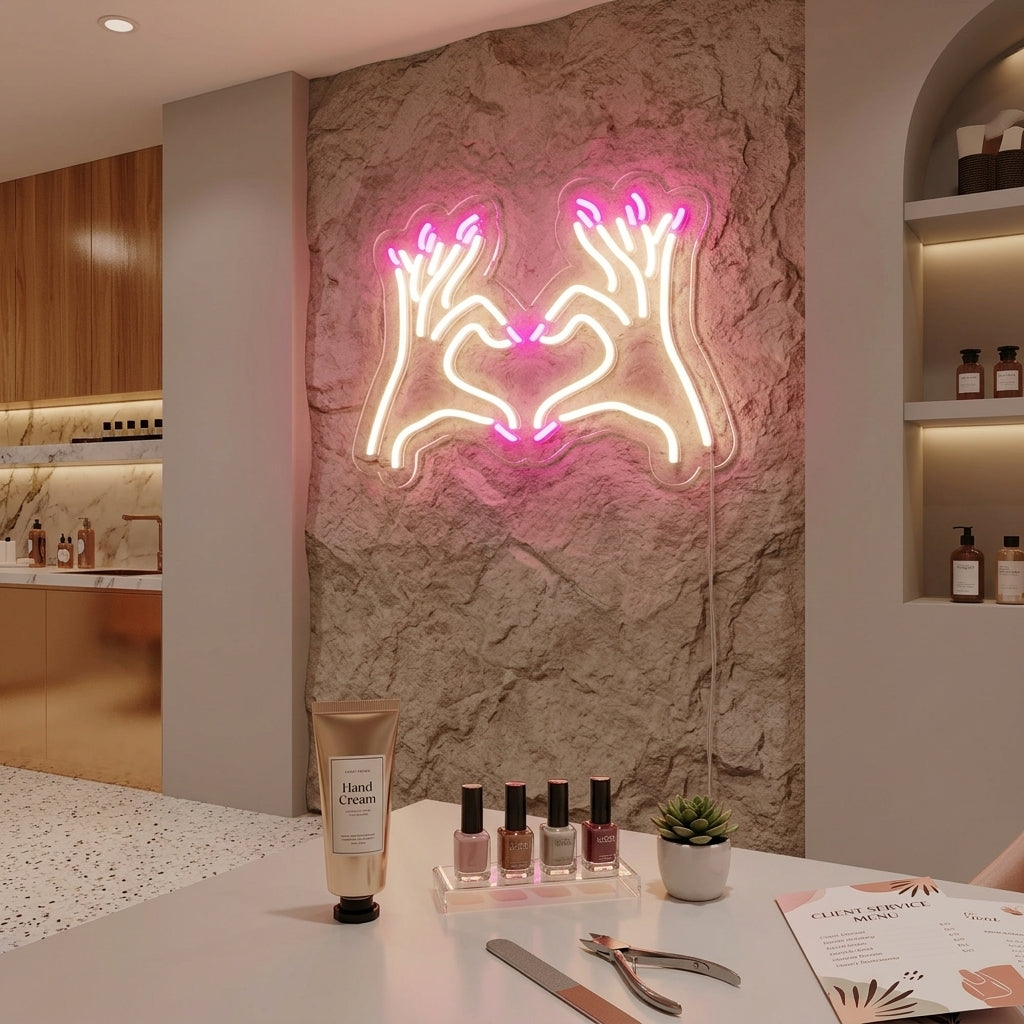 A stunning 'Nail Salon' neon sign glows with pink and white light in a modern nail salon setting.