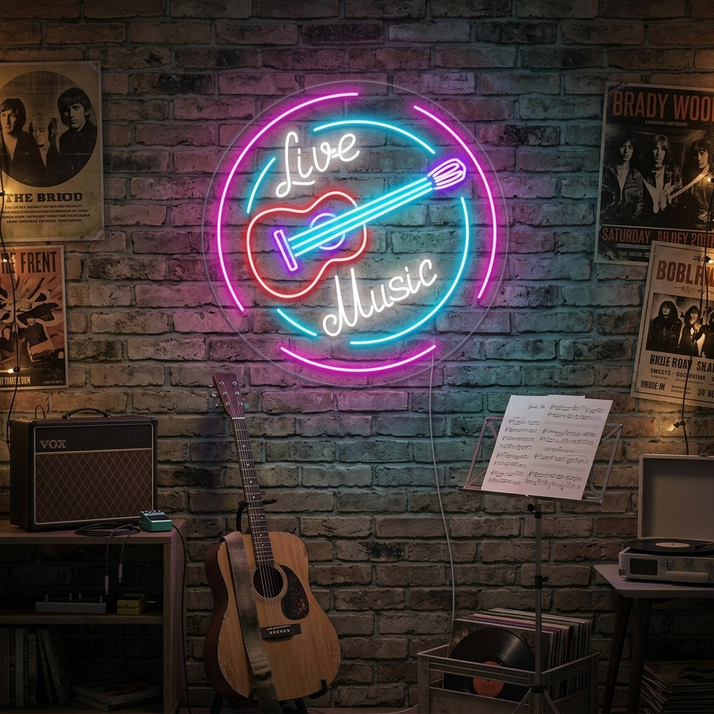 Handcrafted neon sign featuring a glowing blue electric guitar with bright script 'Live Music' above it, illuminating a dark wall.