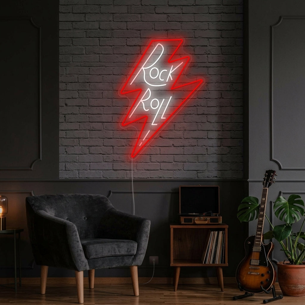 A vibrant 'Rock Roll' neon sign glowing on a brick wall in a lifestyle setting, perfect for a man cave or music room.
