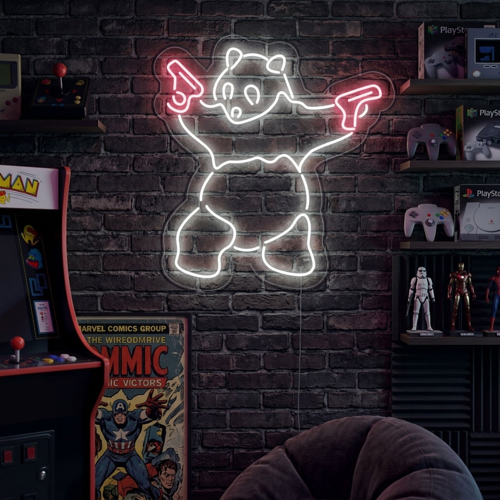 A vibrant neon sign featuring a panda holding a gun, mounted on a wall above a desk.