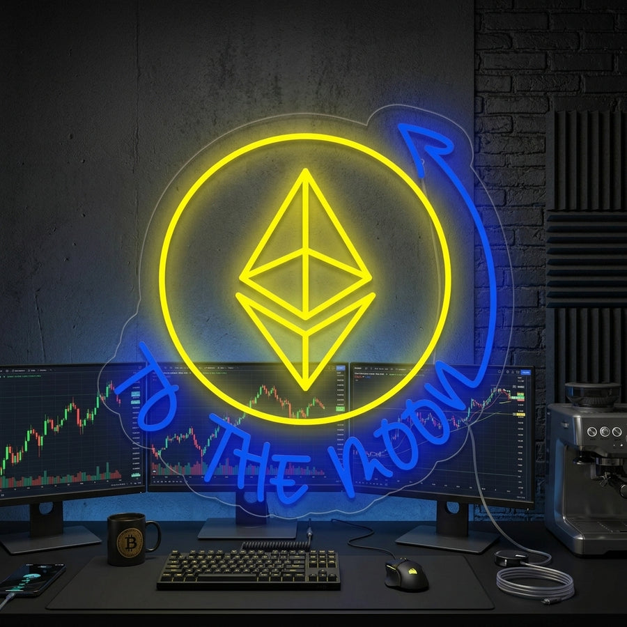 Ethereum to the Moon neon sign displaying a blue rocket and ETH logo glowing in a modern room setting.