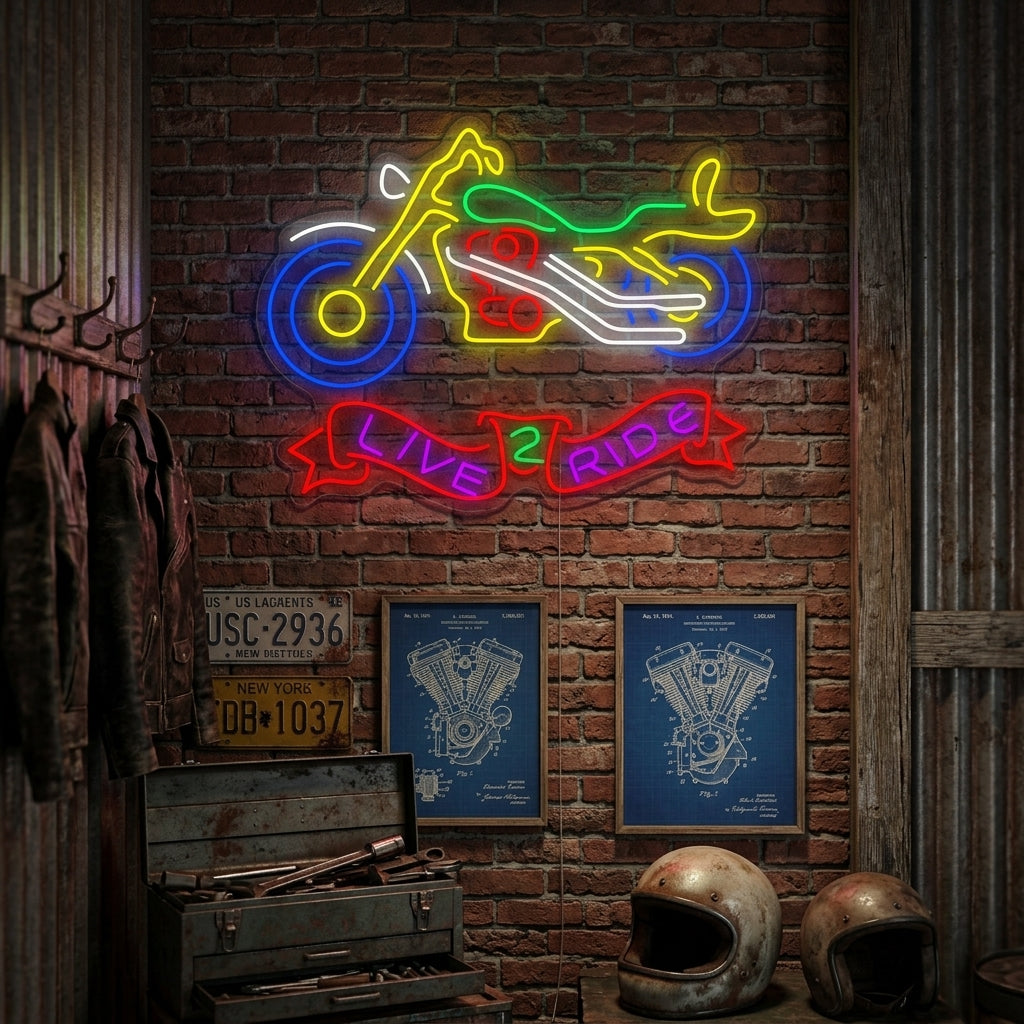 A glowing blue 'Live 2 Ride' neon sign mounted on a dark brick wall above a vintage motorcycle in a well-styled garage setting.