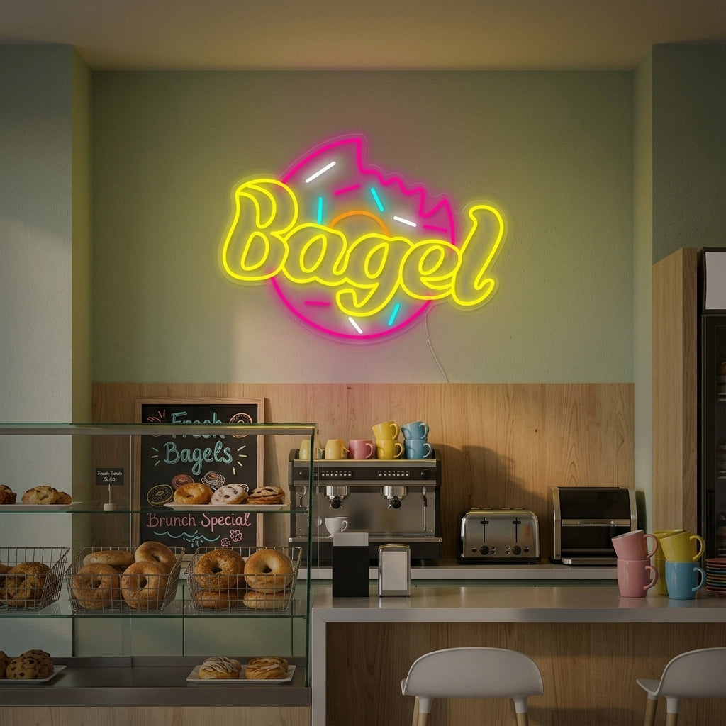 A brightly glowing neon sign shaped like a bagel is mounted on a textured brick wall, illuminating a cozy bakery interior with warm light, where fresh pastries are visible on a wooden counter below.