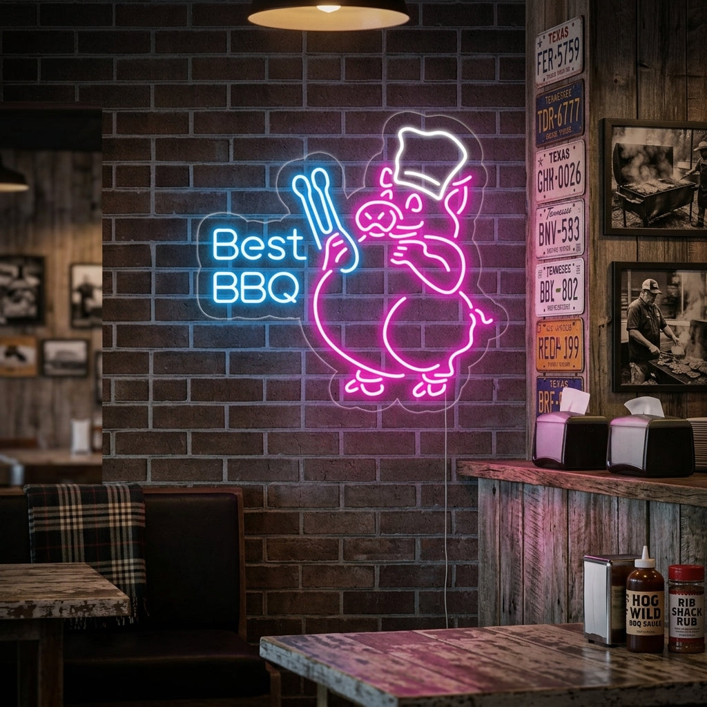 A vibrant 'Best BBQ' neon sign, featuring a glowing pig graphic and glowing text, mounted on a dark brick wall above a cozy restaurant booth in a dimly lit smokehouse.