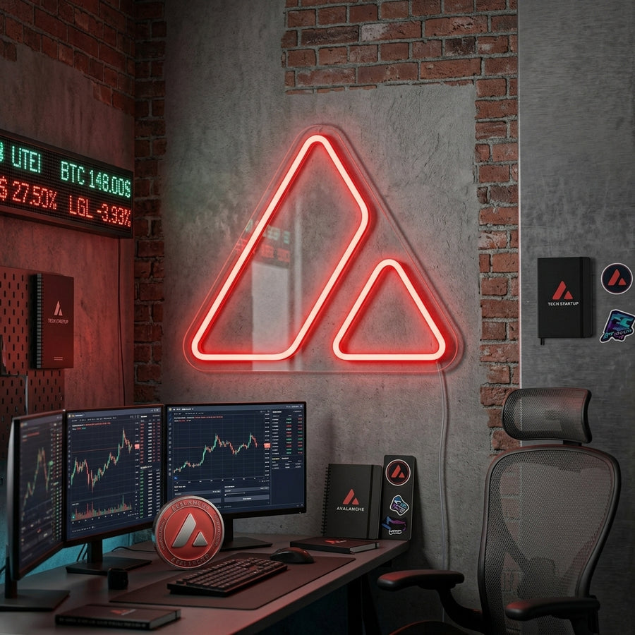 A vibrant AVAX Avalanche neon sign glowing in a modern home office setting