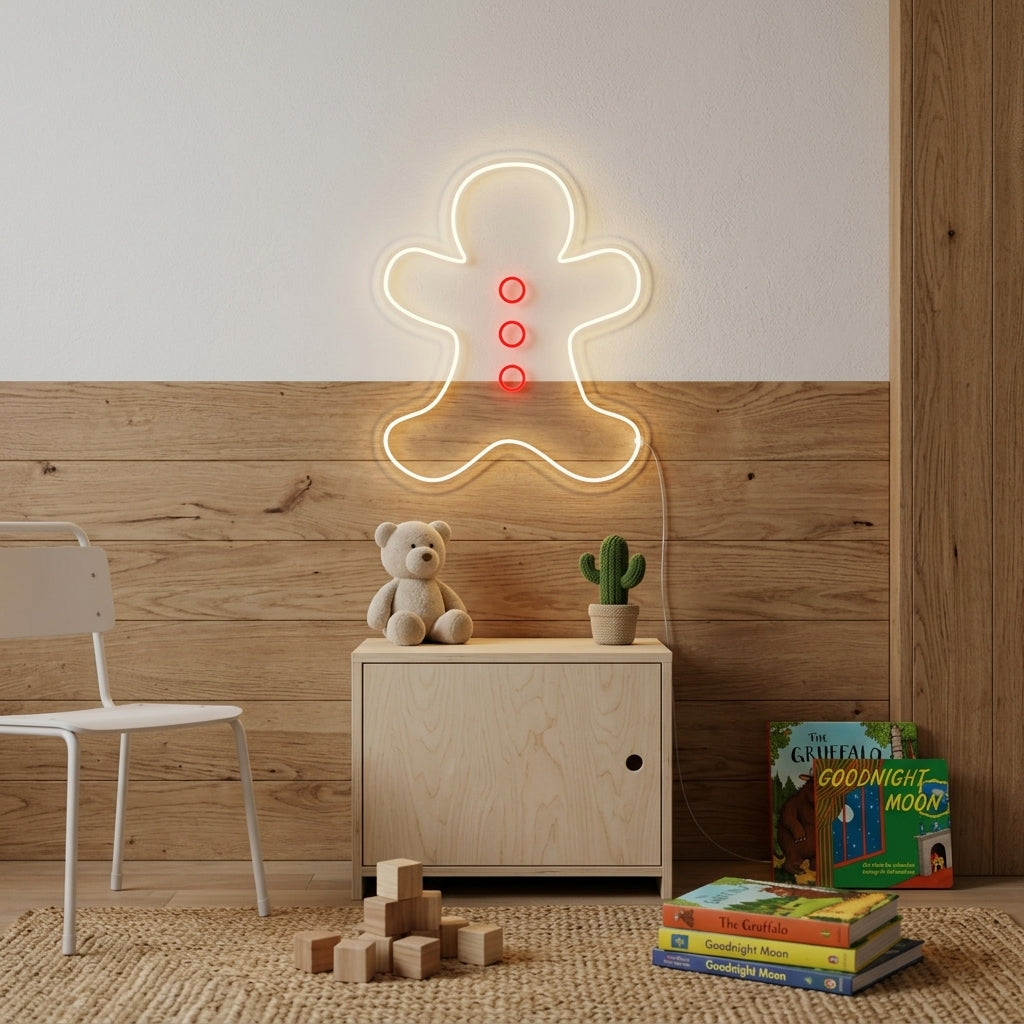 A cozy, whimsical child's bedroom featuring a glowing Gingerbread Man neon sign mounted above a dresser. The warm light from the neon casts a soft, inviting glow over books and toys, creating a playful and comfortable atmosphere.