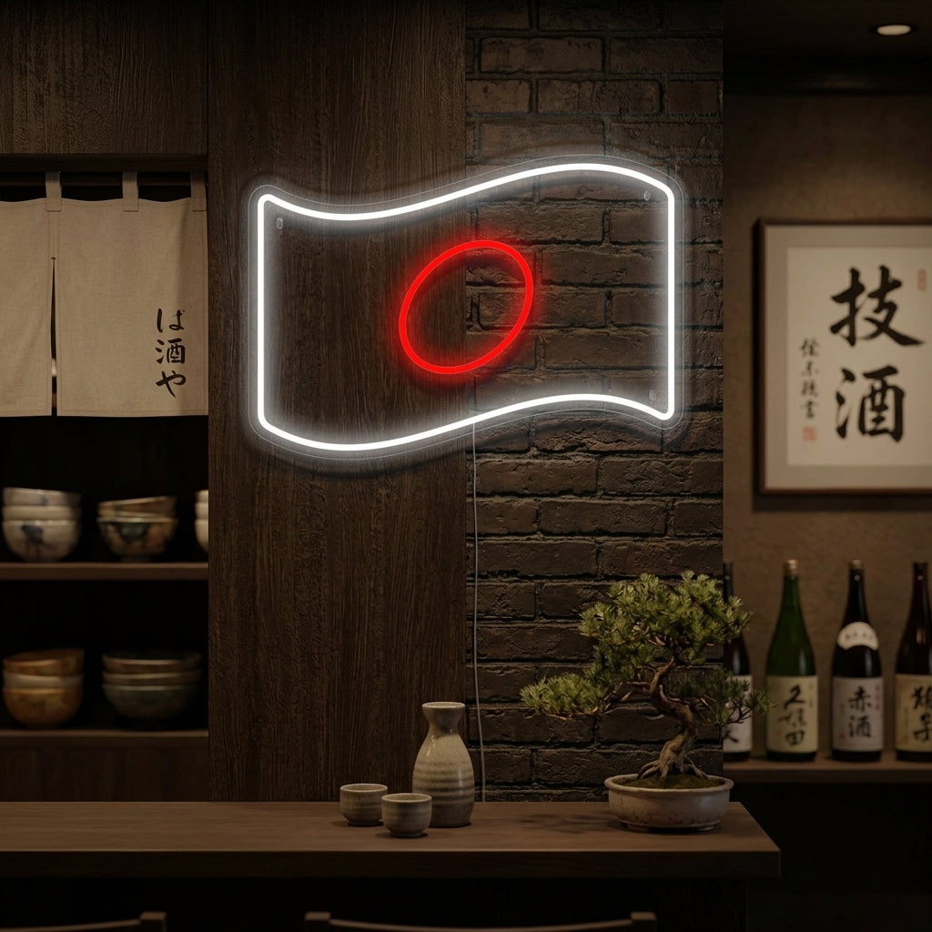 A Flag of Japan neon sign glowing brightly on a brick wall in a modern living room setting.