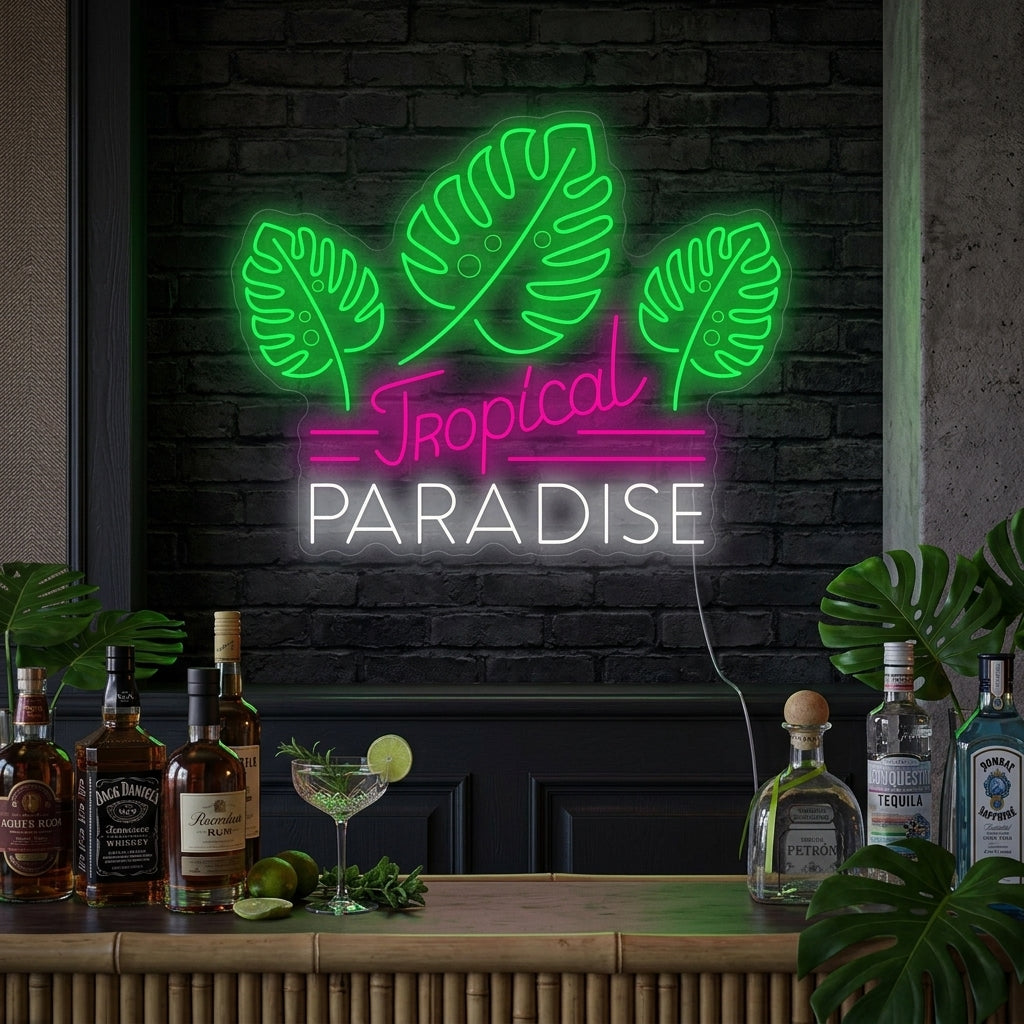 A stunning lifestyle shot showing the vibrant 'Tropical Paradise' neon sign illuminated on a wall in a sophisticated bar, creating a cozy and inviting cocktail atmosphere.