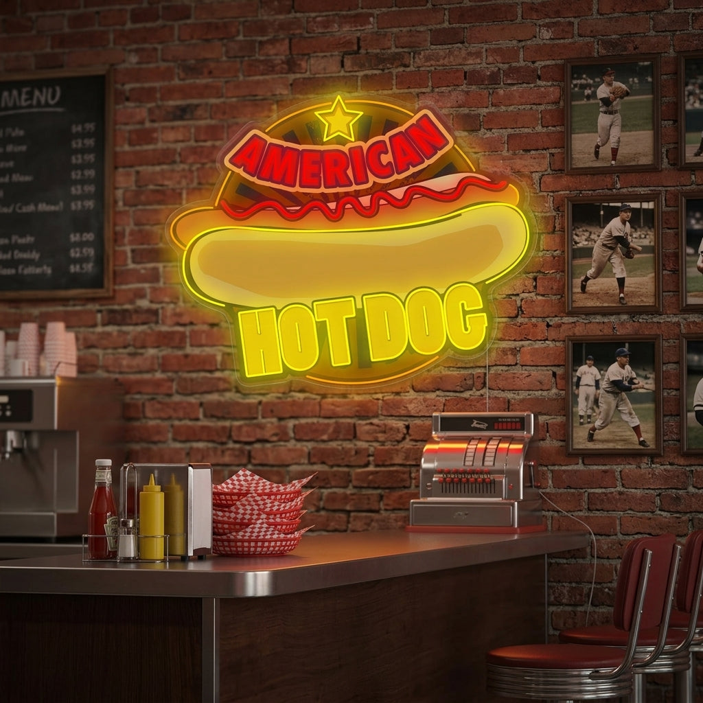 A lifestyle shot showing the 'American Hot Dog' neon sign glowing brightly on a textured kitchen or diner wall, surrounded by complementary retro decor.