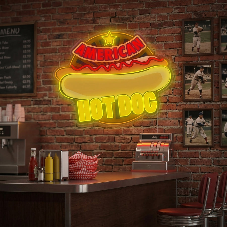 A lifestyle shot showing the 'American Hot Dog' neon sign glowing brightly on a textured kitchen or diner wall, surrounded by complementary retro decor.
