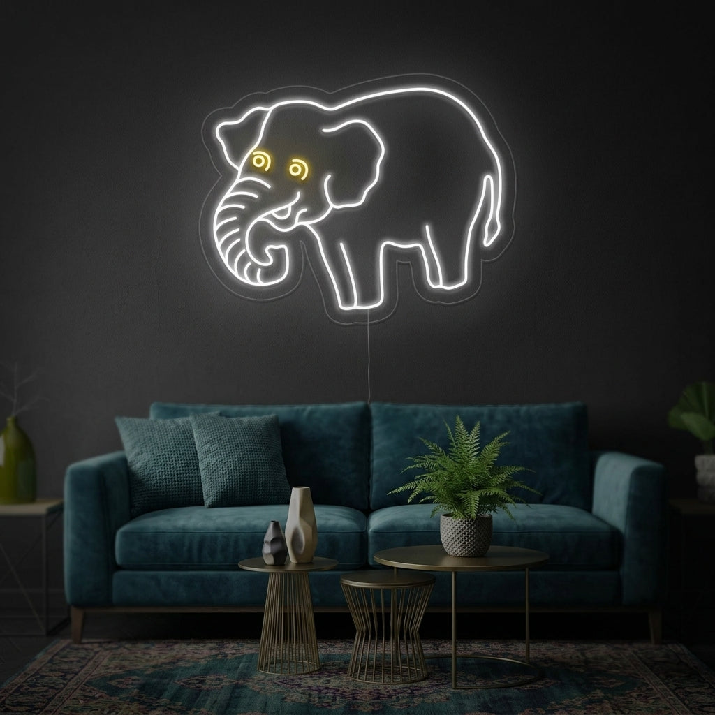An Elephant neon sign glowing on a wall in a contemporary living room setting