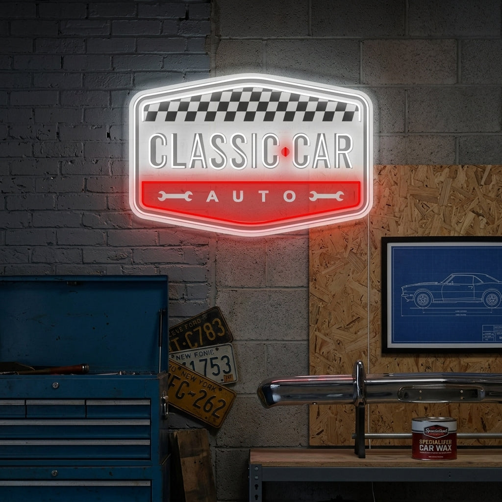 A lifestyle photo of the 'Classic Car' neon sign glowing red, yellow, and blue in a well-organized garage. The sign illuminates surrounding tools and vintage auto decor, mounted on a dark brick wall.