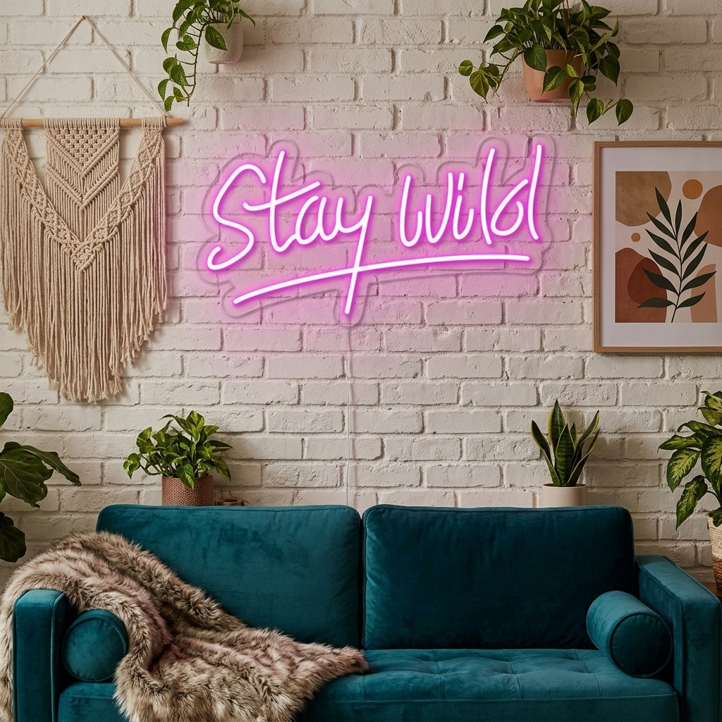 Glowing white 'Stay Wild' neon sign in script font above a made-up bed in a cozy bedroom setting