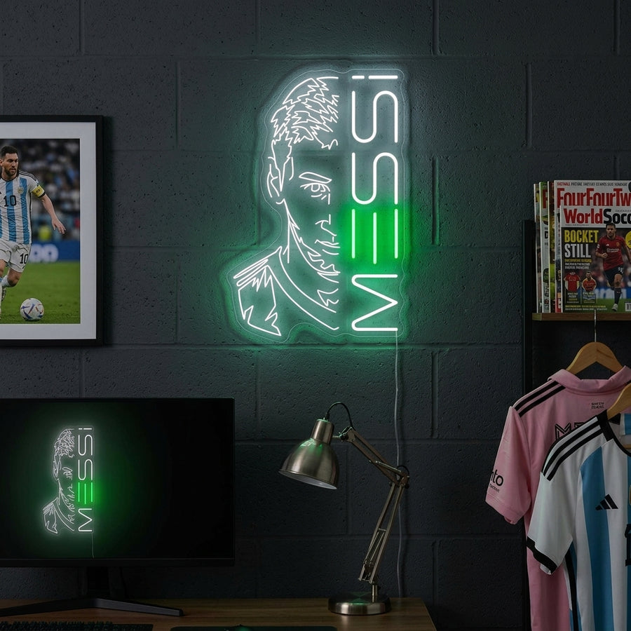 A vibrant Messi neon sign hanging on a dark textured wall in a modern living space.